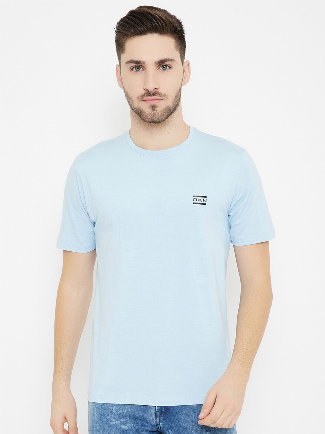 

Okane Men Turquoise Blue Solid Cotton T-shirt