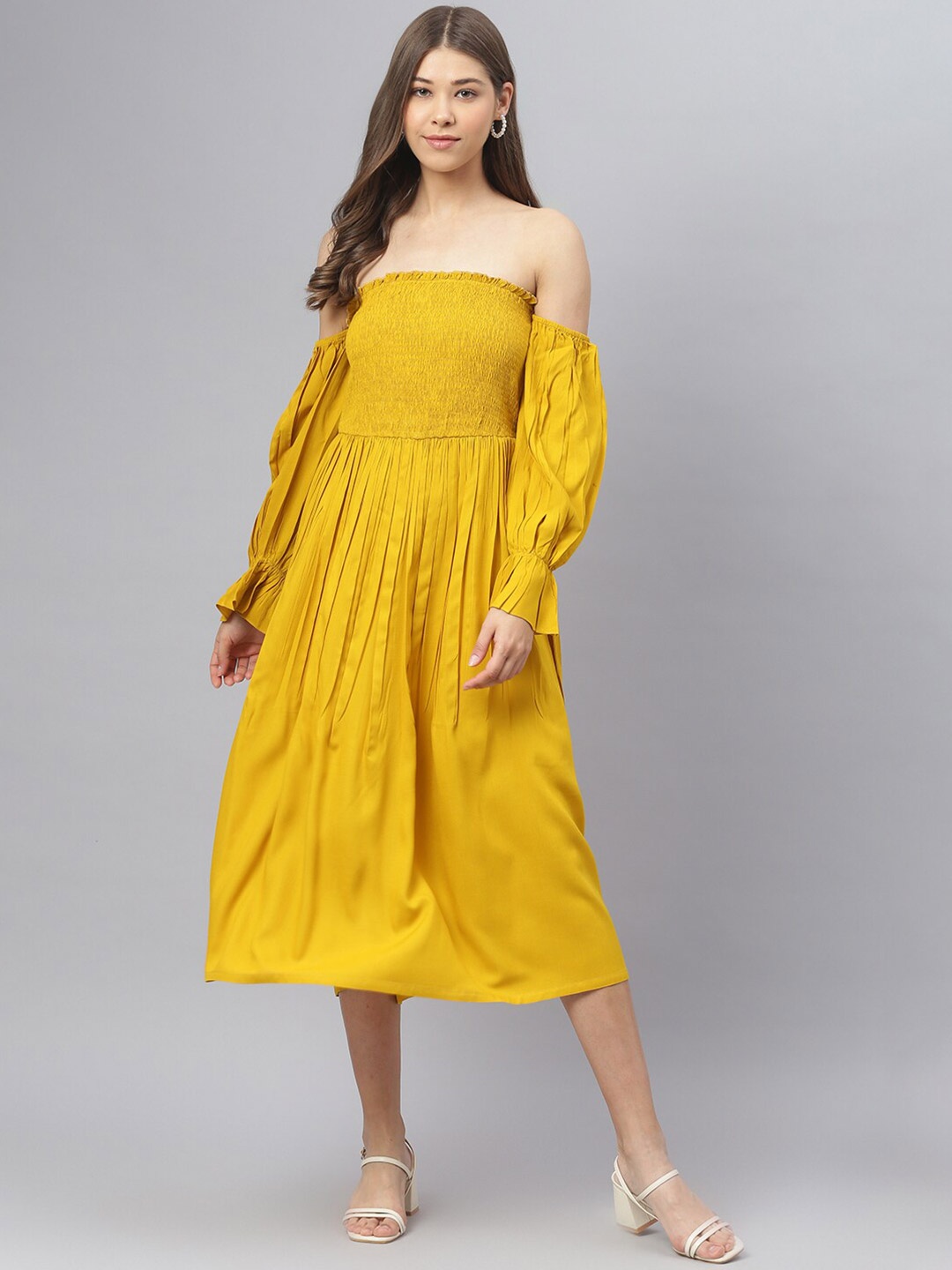 

DEEBACO Women Mustard Yellow Off-Shoulder A-Line Midi Dress