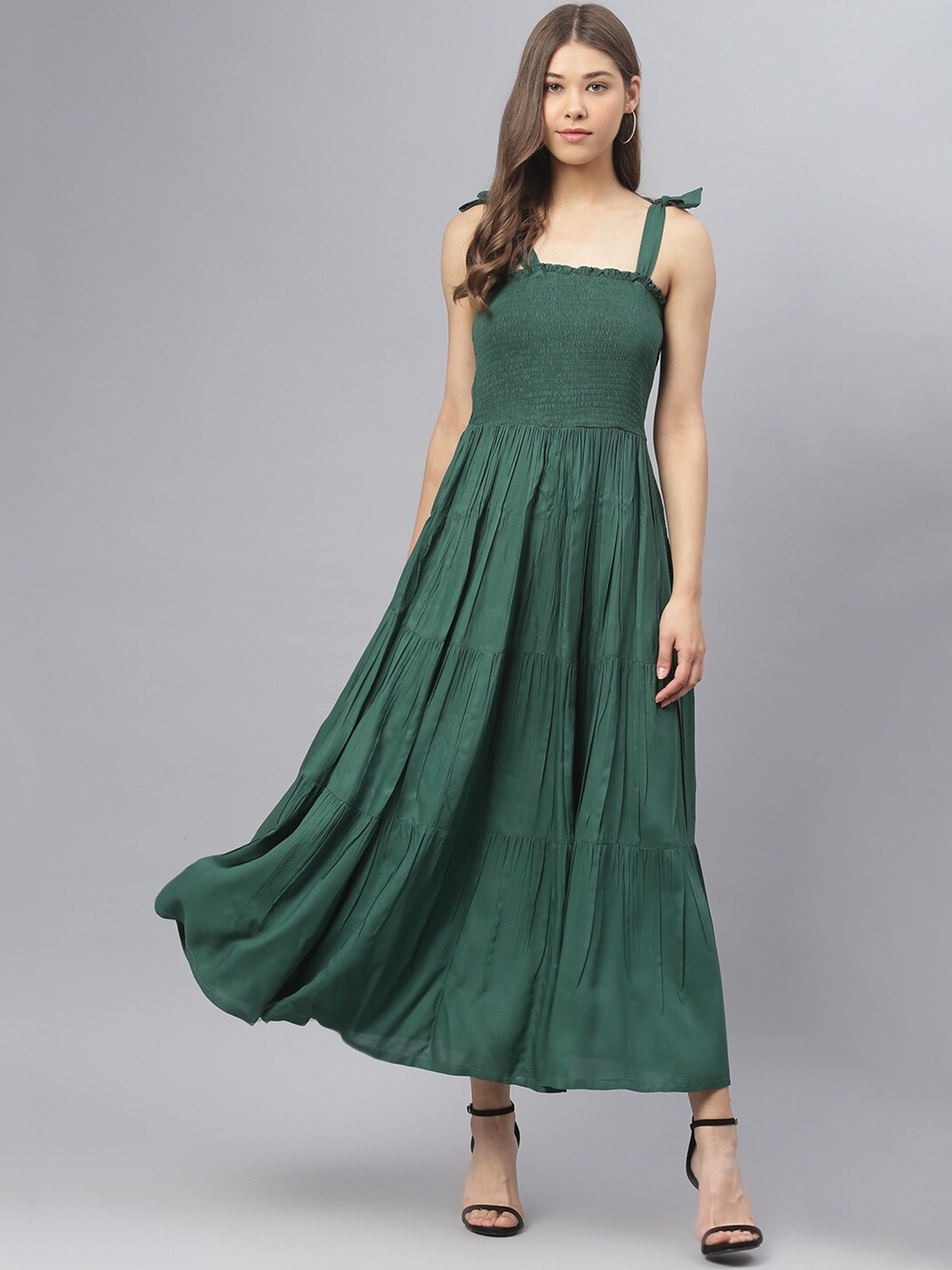 

DEEBACO Women Green Smocking Maxi Dress