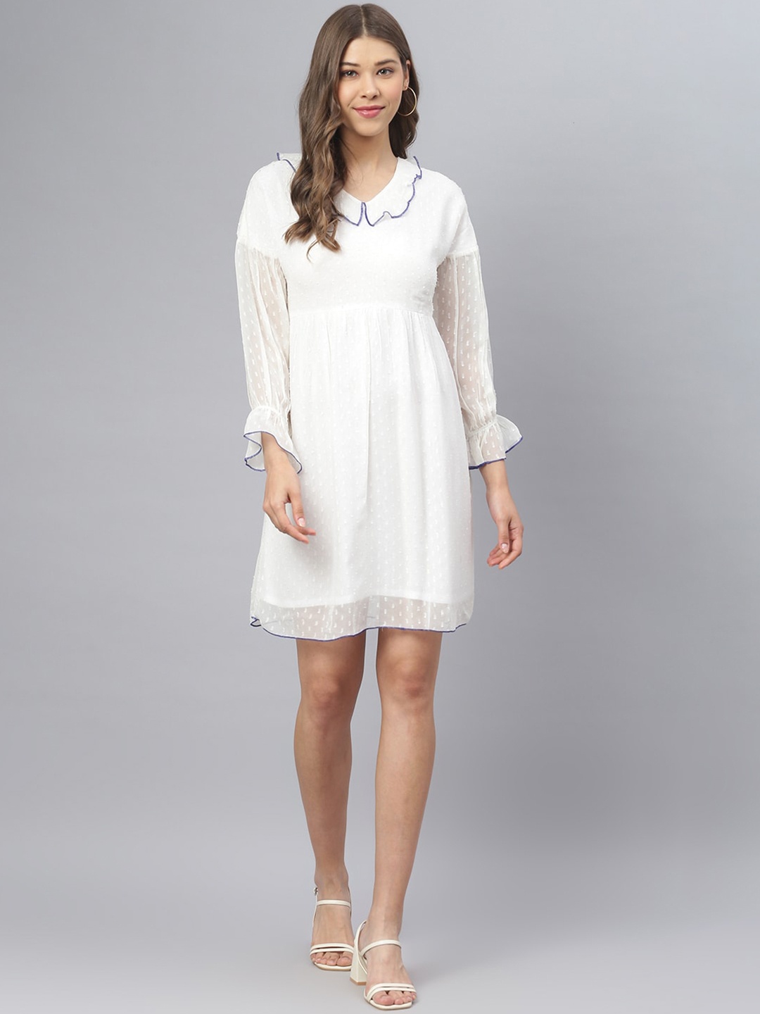 

DEEBACO Women Off White Peter Pan Collar A-Line Dress
