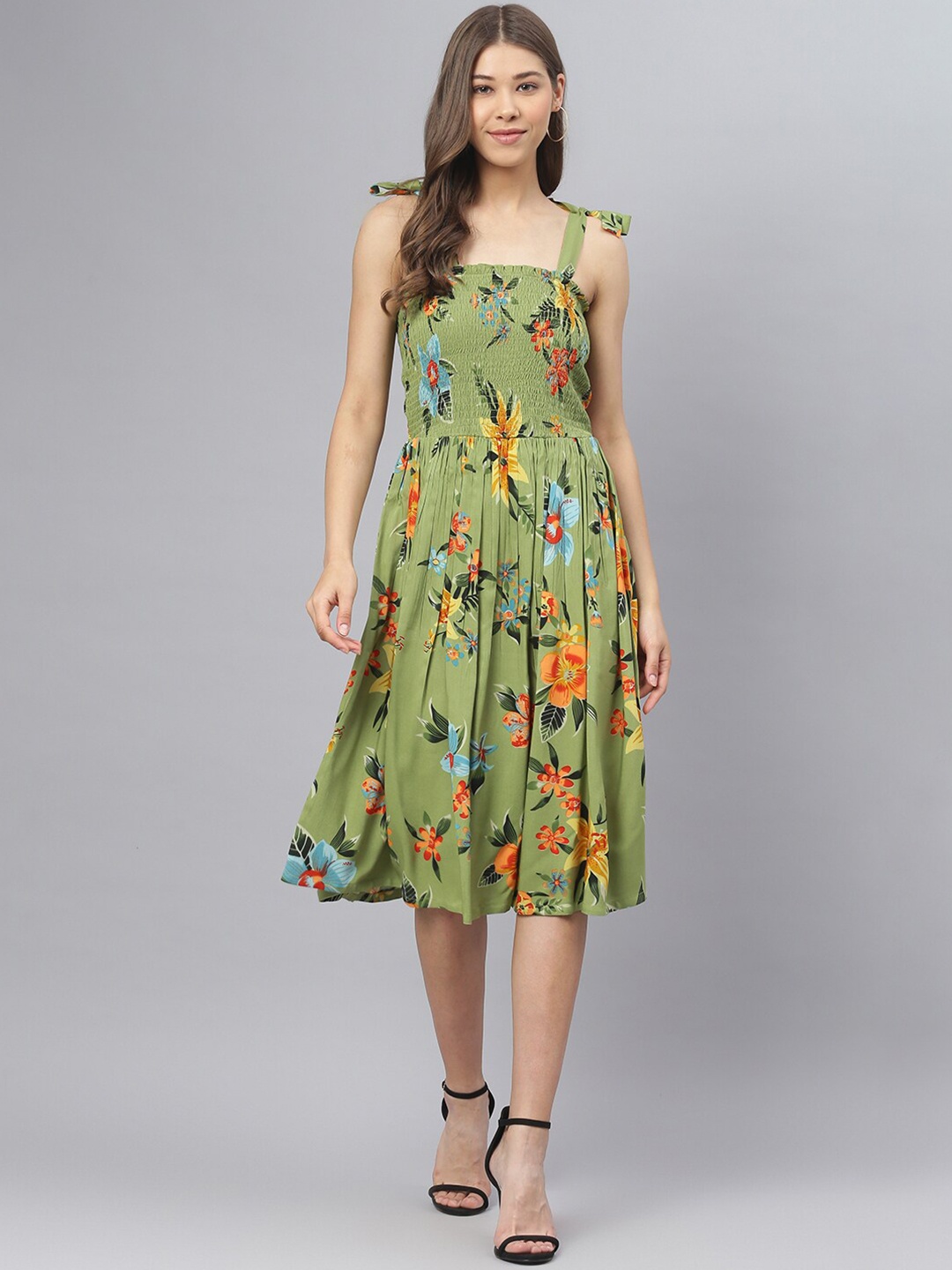 

DEEBACO Olive Green Floral Midi Dress