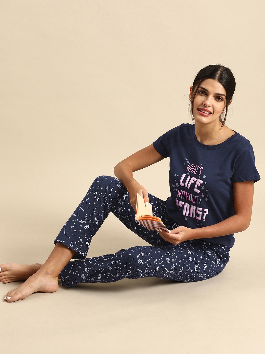 

Dreamz by Pantaloons Women Navy Blue & White Printed Pure Cotton Night suit