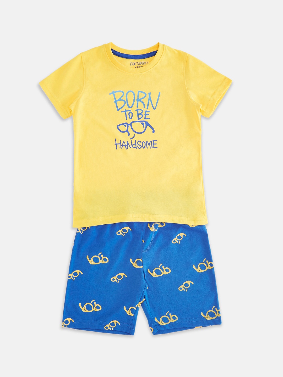 

Pantaloons Junior Boys Yellow & Blue Printed Pure Cotton Nightsuit