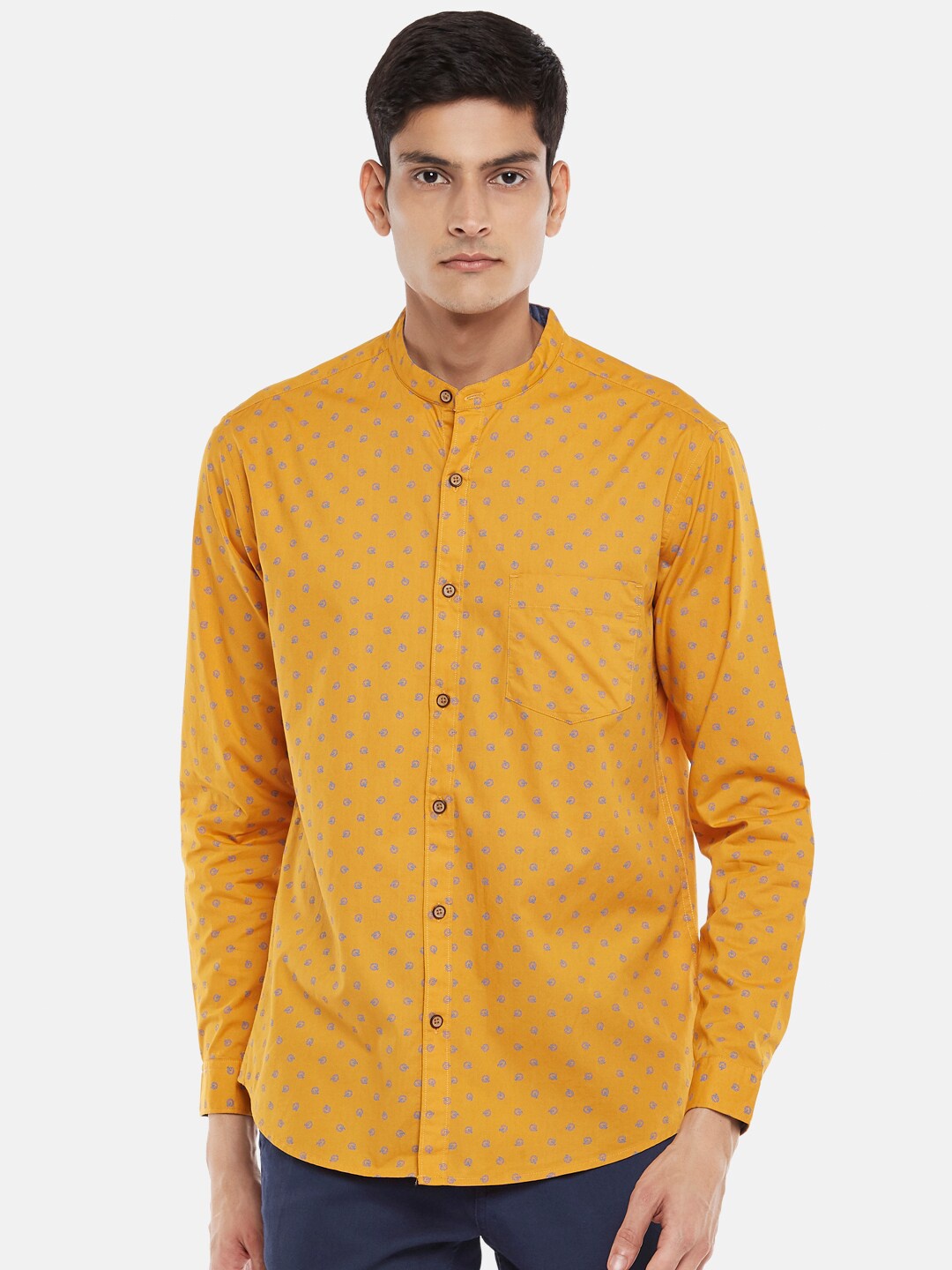 

BYFORD by Pantaloons Men Mustard Yellow & Blue Slim Fit Printed Pure Cotton Casual Shirt