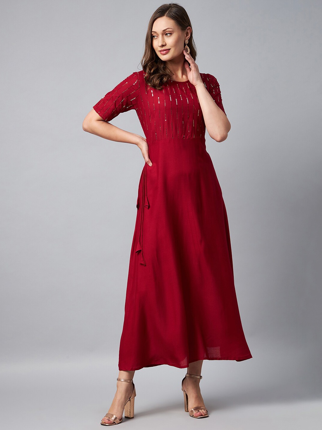 

Orchid Blues Maroon Embellished Pure Cotton Maxi Dress