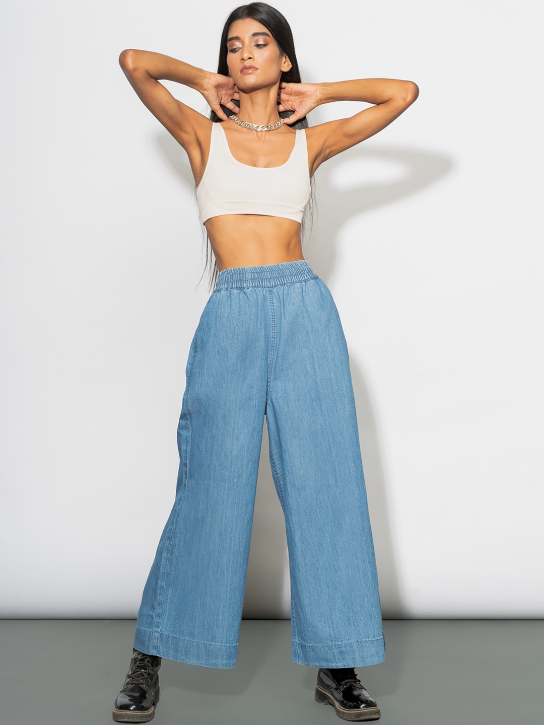

FREAKINS Women Stunning Blue High-Rise Flared Cropped Jeans