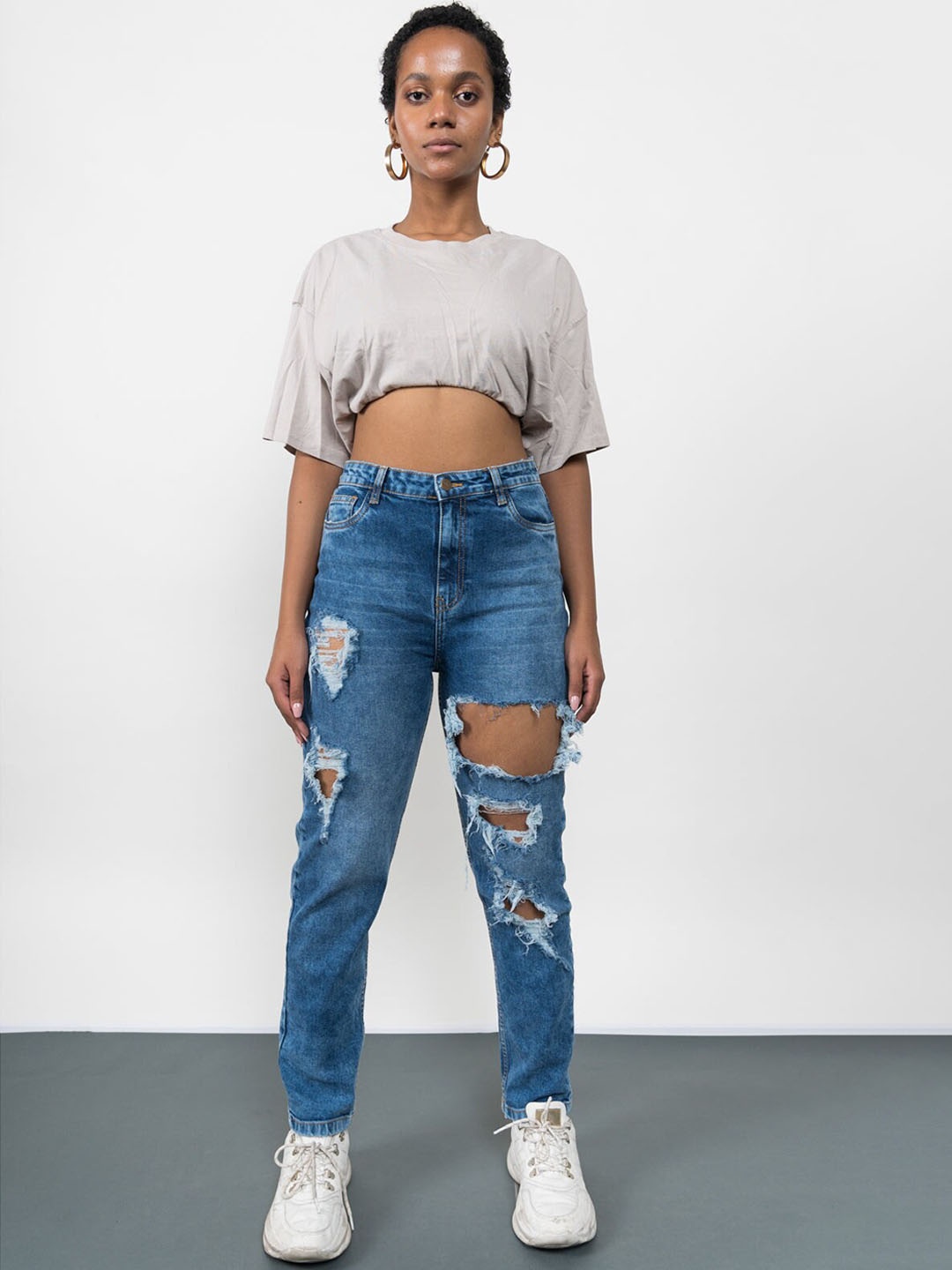 

FREAKINS Women Blue Mom Fit Highly Distressed Jeans