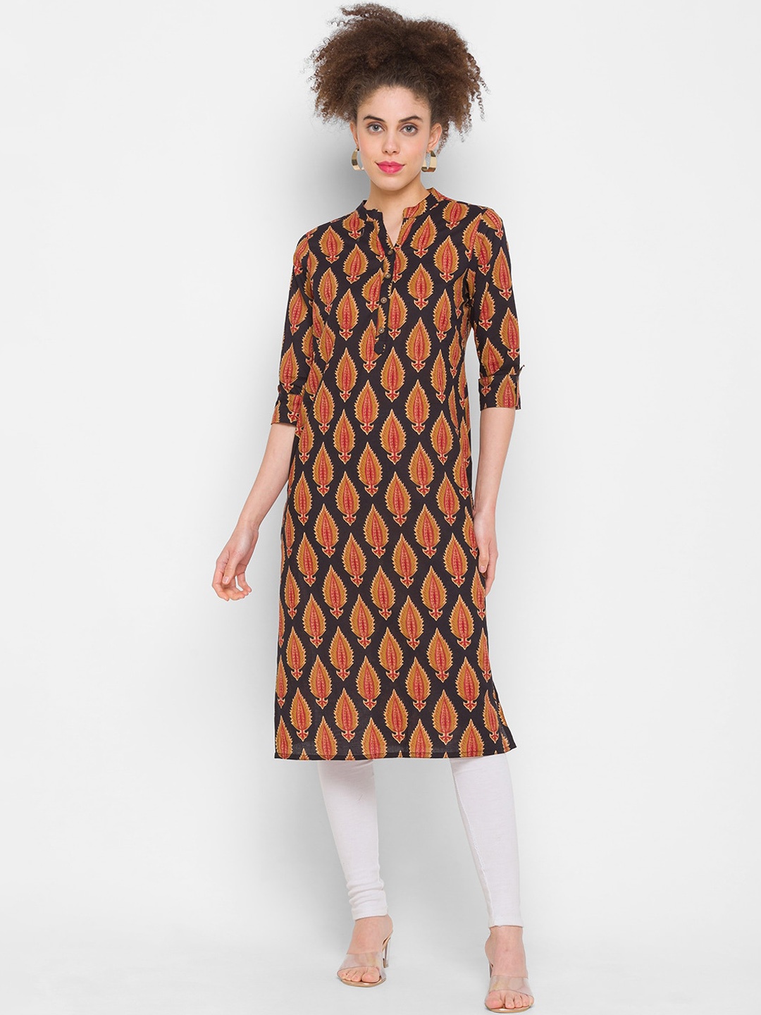 

ZOLA Women Black & Orange Ethnic Motifs Cotton Kurta