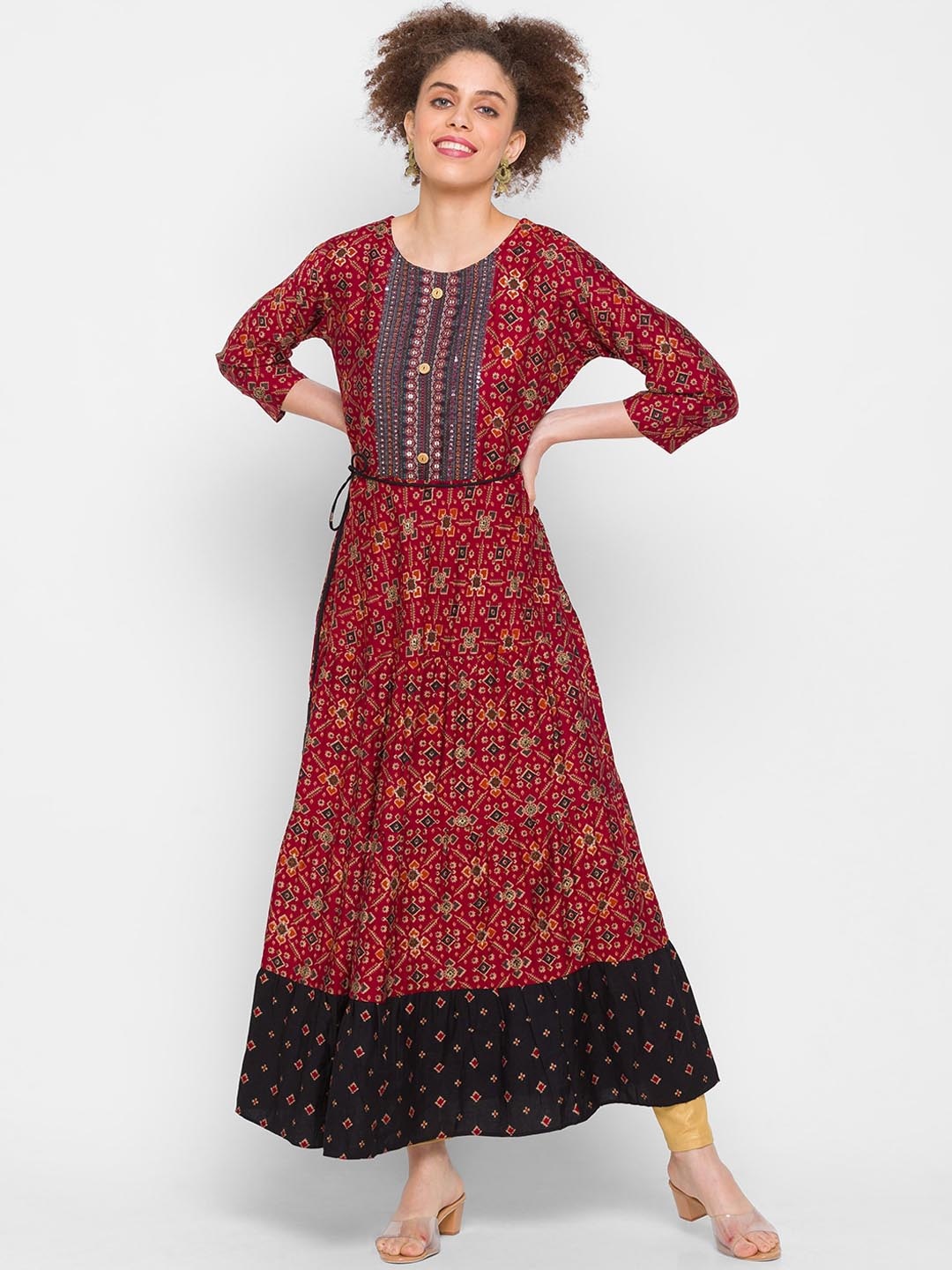 

ZOLA Women Maroon Geometric Printed Cold-Shoulder Sleeves Thread Work Anarkali Kurta