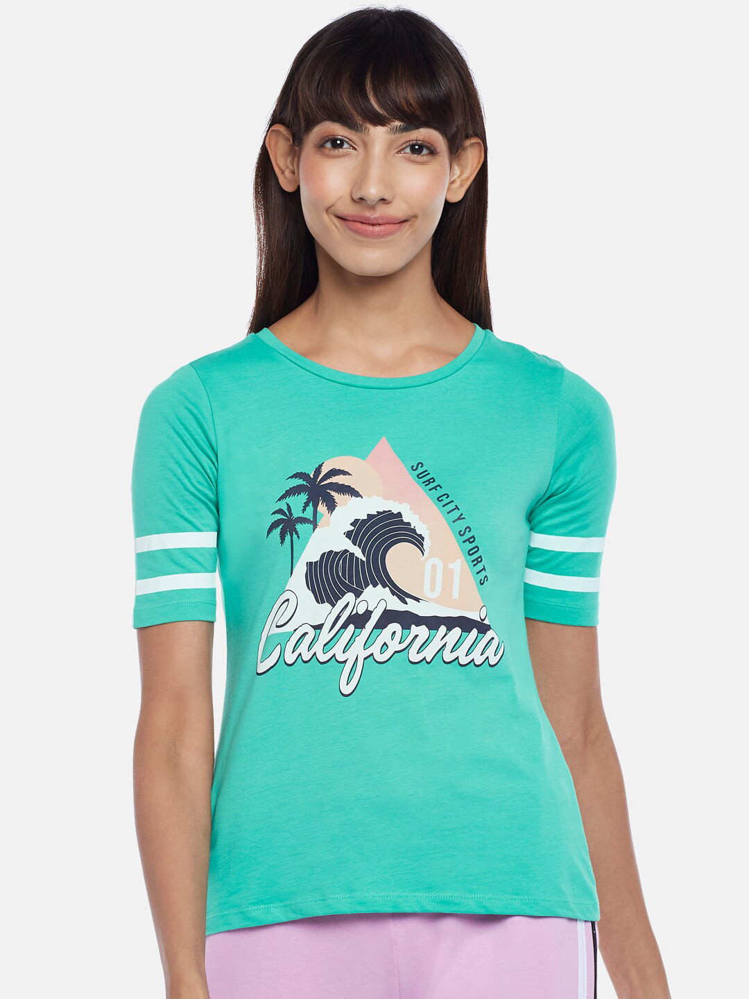 

Ajile by Pantaloons Women Green Printed Cotton Running T-shirt