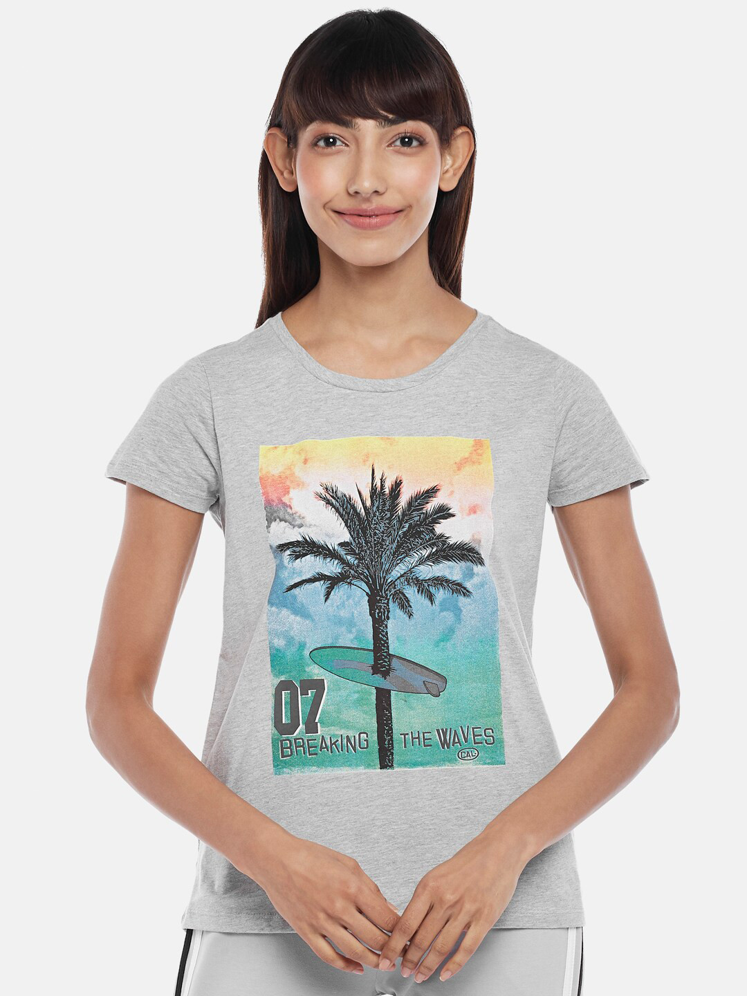 

Ajile by Pantaloons Women Grey Melange & Green Printed Tropical Cotton T-shirt