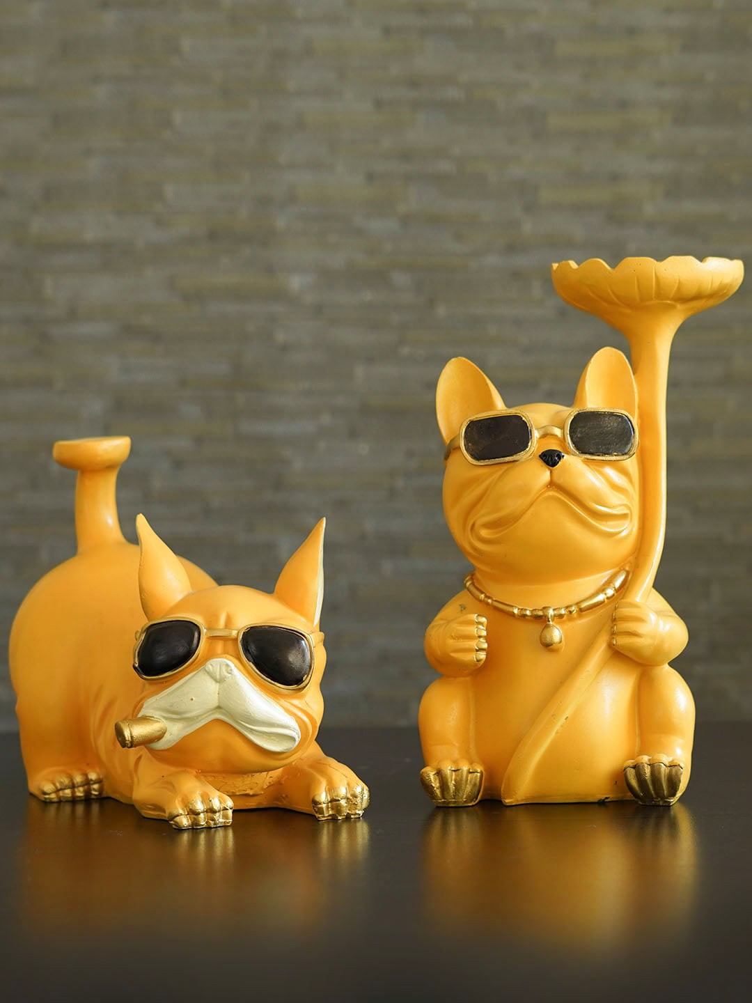 

TIED RIBBONS Set Of 2 Yellow Bull Dog Decorative Showpiece