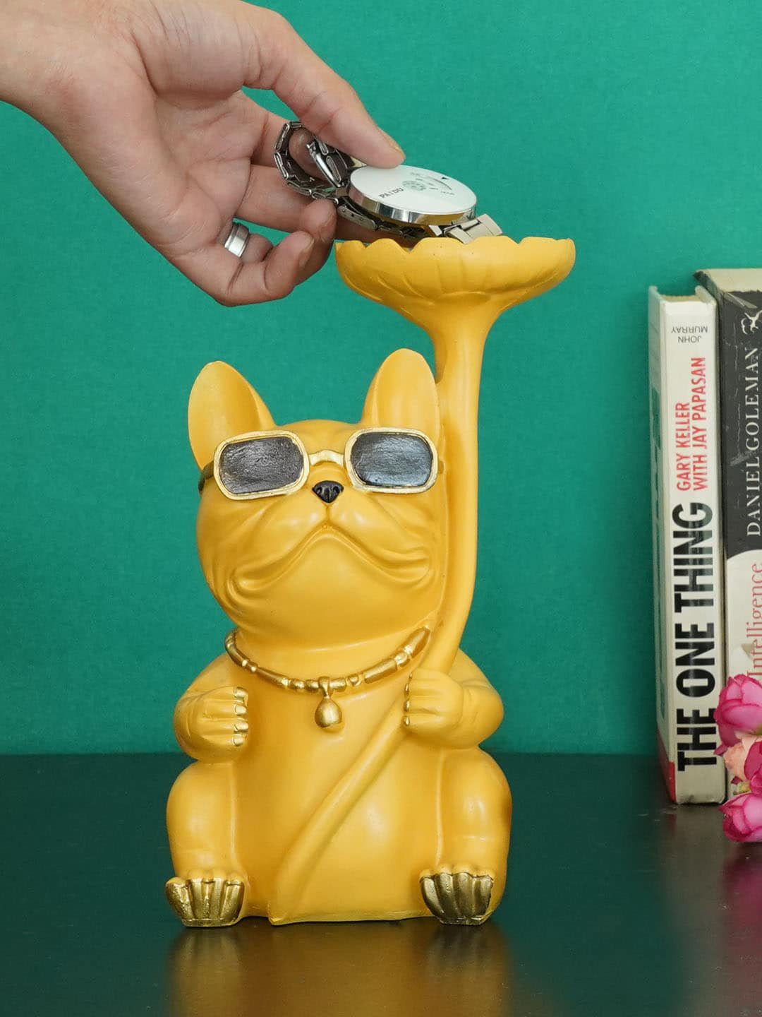 

TIED RIBBONS Yellow Textured Bull Dog Decorative Showpiece Statue With Tray