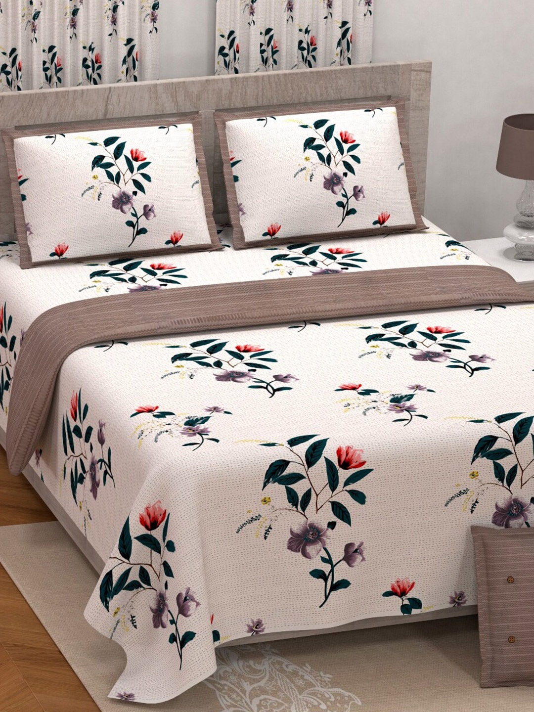 

Aura Beige & Green Floral 200 TC King Bedsheet with 2 Pillow Covers