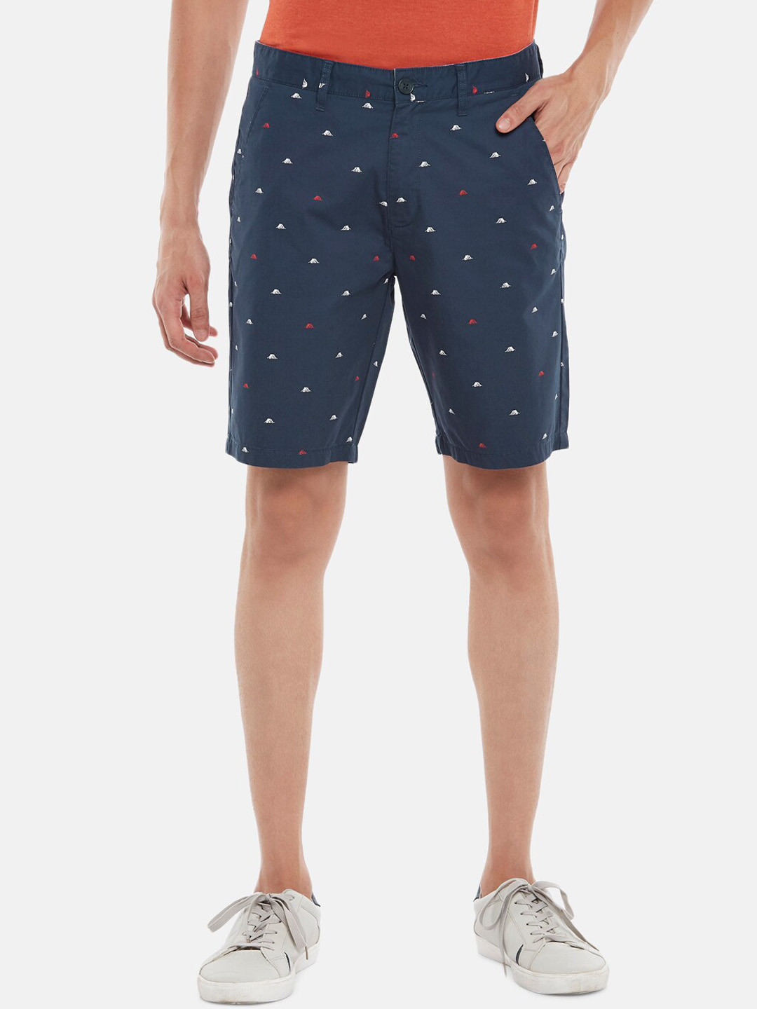 

BYFORD by Pantaloons Men Navy Blue & White Printed Slim Fit Pure Cotton Shorts