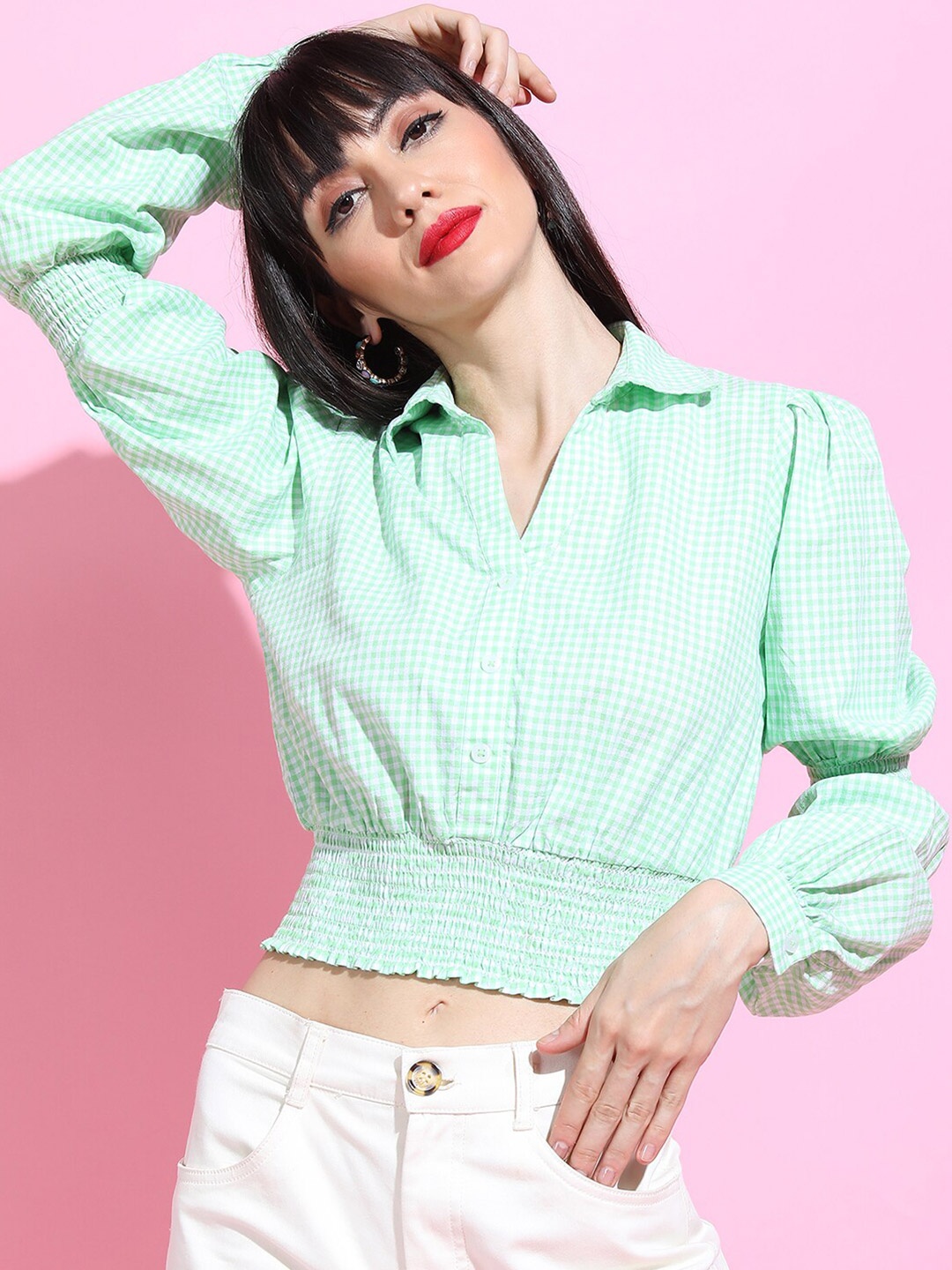 

Tokyo Talkies Women Green & White Checked Shirt Style Crop Top