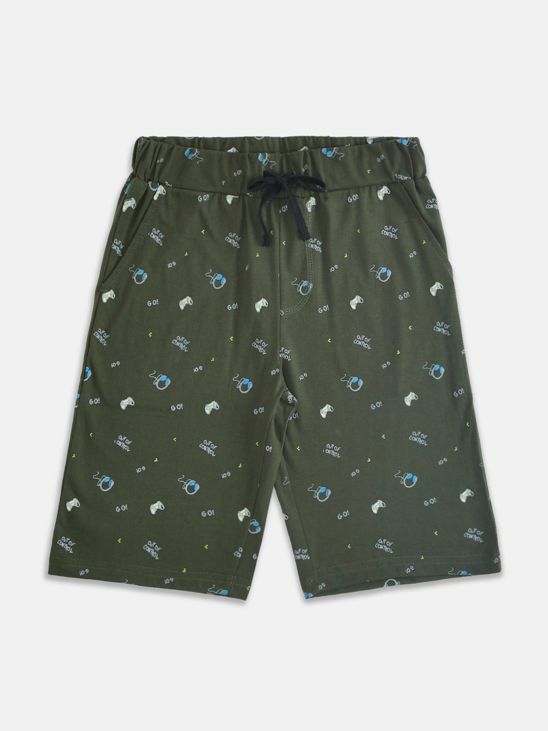 

Pantaloons Junior Boys Olive Green & Blue Printed Pure Cotton Shorts