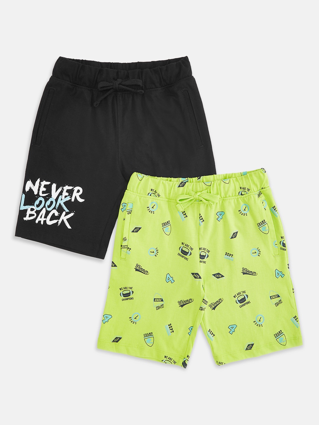 

Pantaloons Junior Boys Black & Lime Green Pack of 2 Printed Shorts