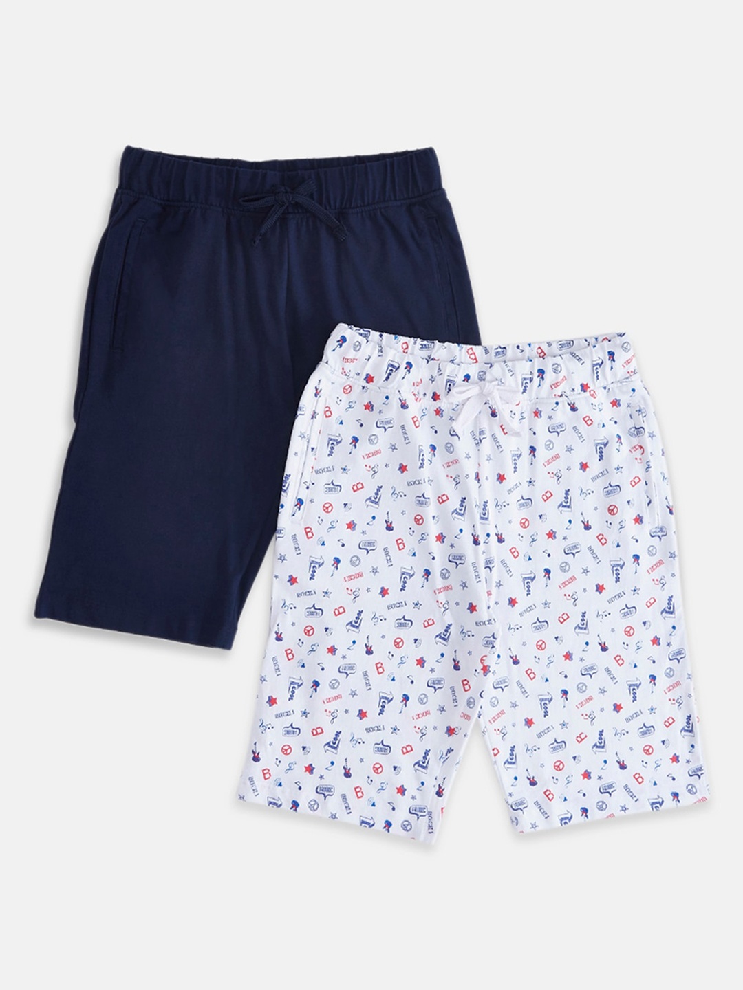 

Pantaloons Junior Boys Pack Of 2 White & Navy Blue Conversational Printed Cotton Shorts