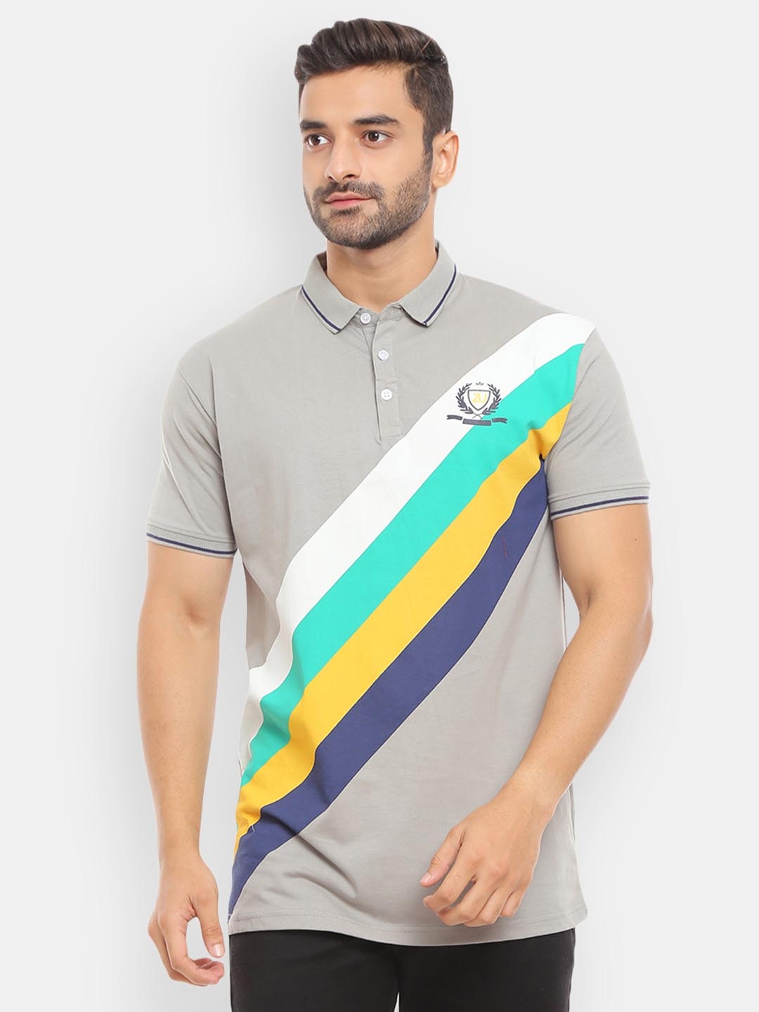 

V-Mart Men Grey & Blue Typography Striped Polo Collar T-shirt