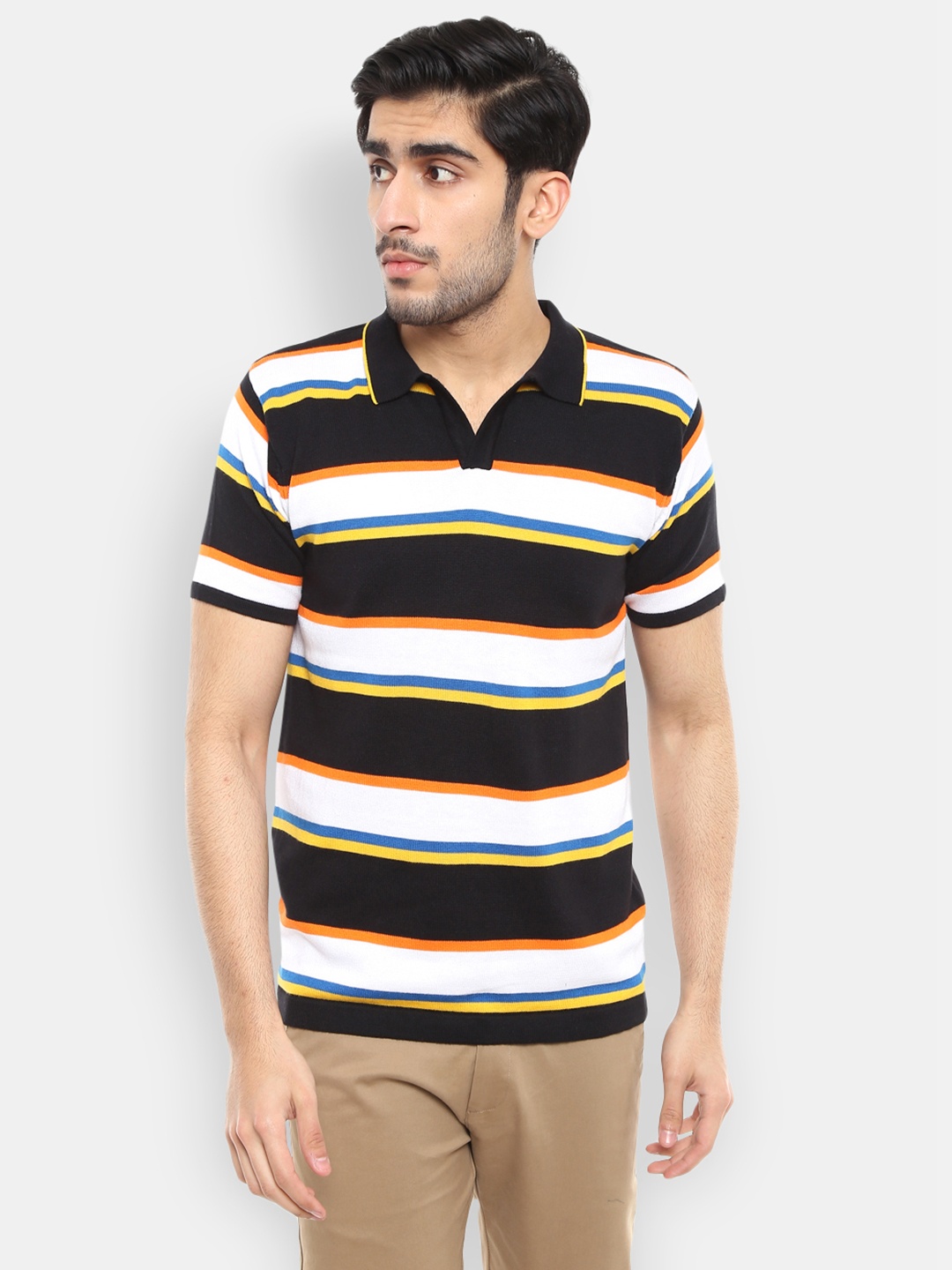 

V-Mart Men Black & White Striped Polo Collar Slim Fit T-shirt