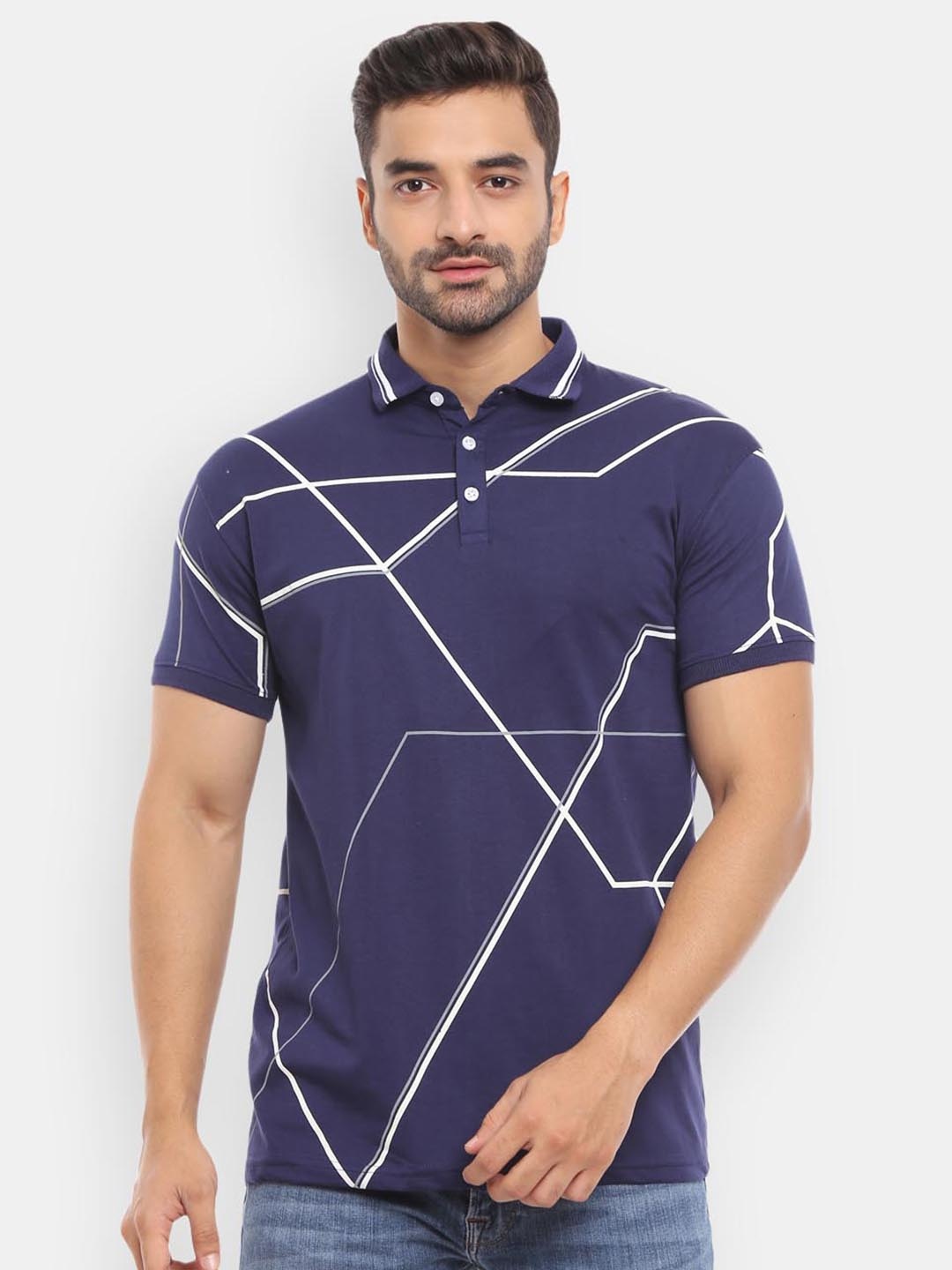 

V-Mart Men Blue & White Printed Polo Collar Cotton T-shirt