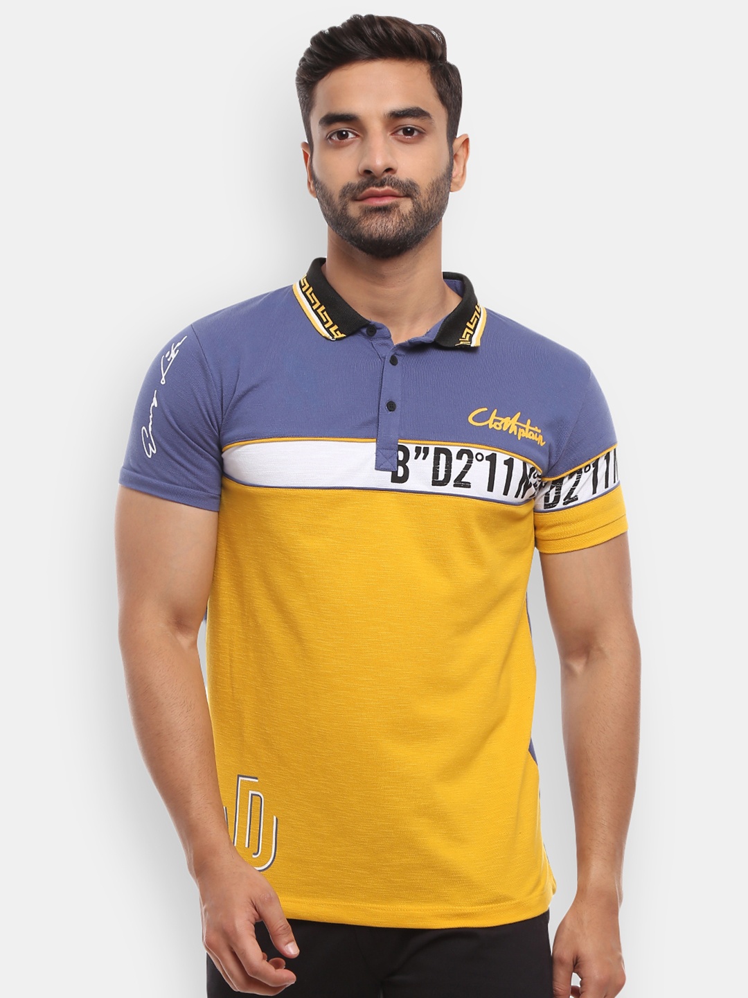 V-Mart Men Mustard Yellow & Blue Typography Colourblocked Polo Collar Slim Fit T-shirt