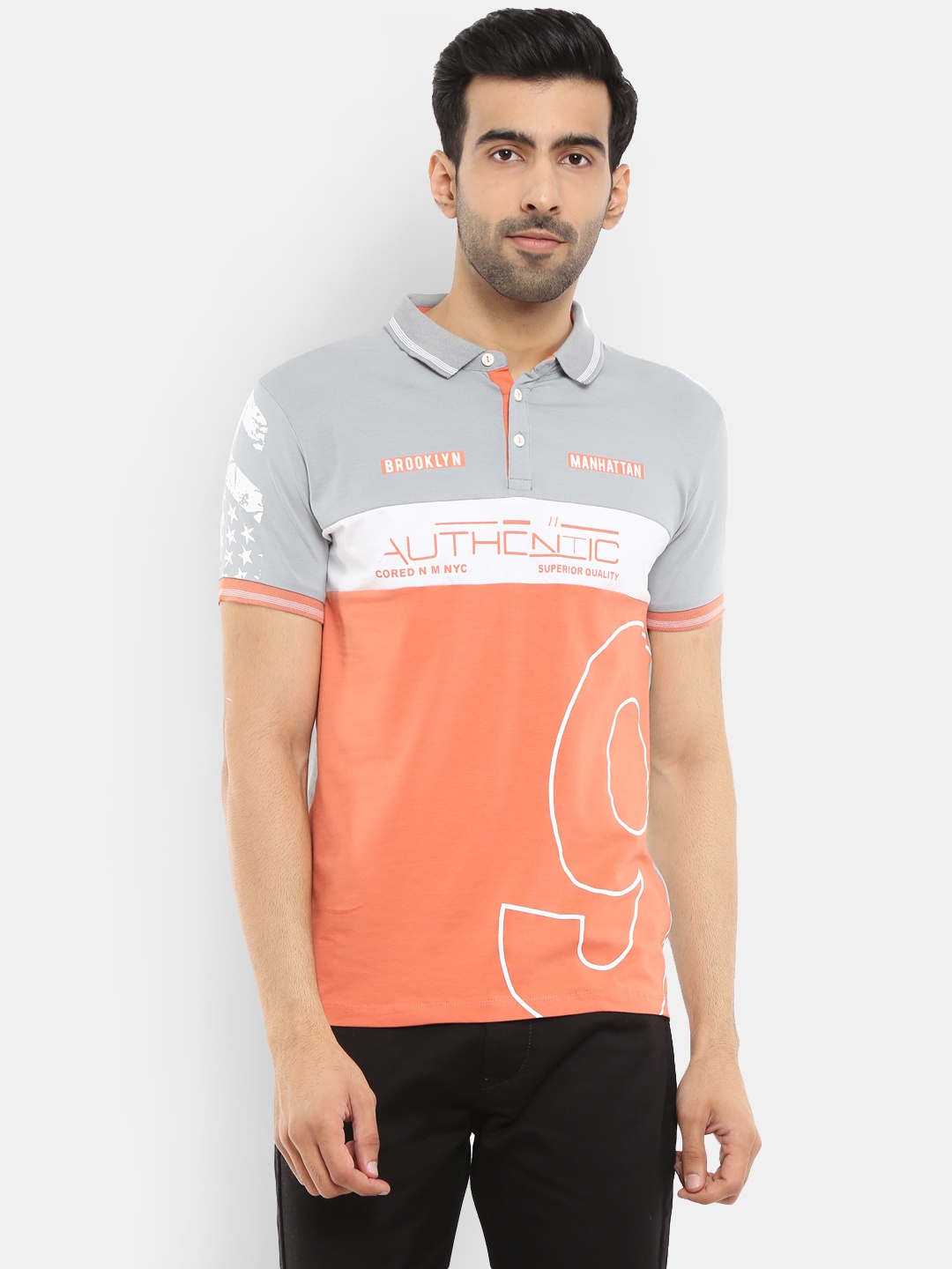 

V-Mart Men Pink & Grey Typography Colourblocked Polo Collar Slim Fit T-shirt