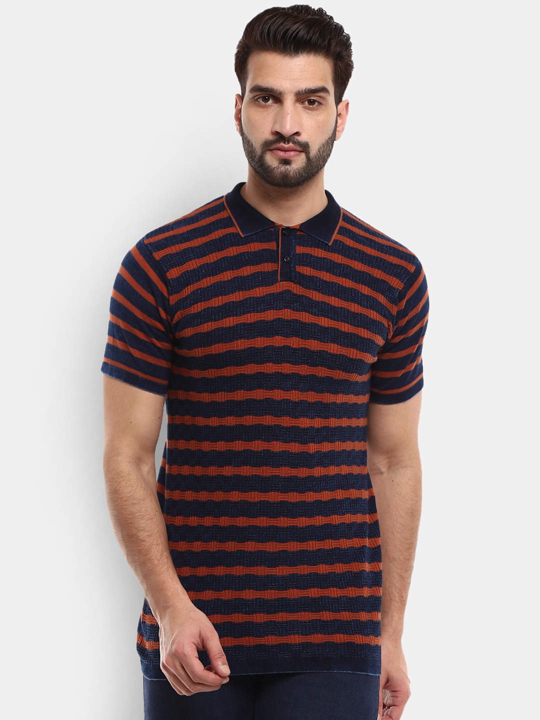 

V-Mart Men Blue & Red Striped Polo Collar T-shirt