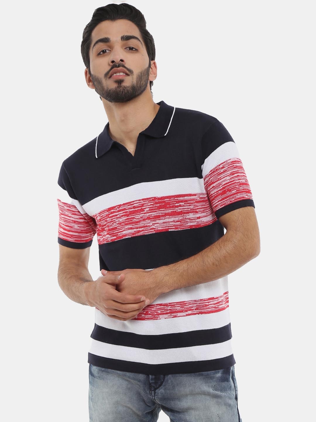 

V-Mart Men Red Striped Polo Collar Slim Fit T-shirt