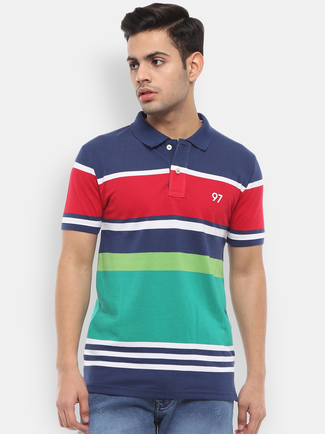 

V-Mart Men Blue Striped Polo Collar Slim Fit T-shirt