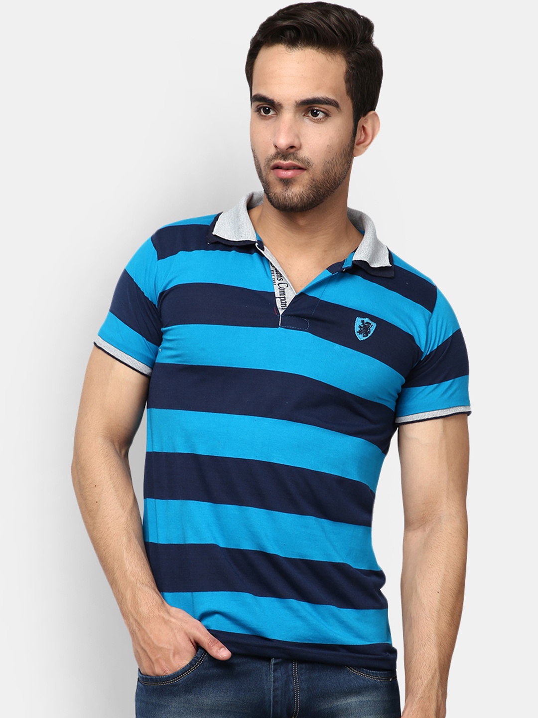 

V-Mart Men Blue Striped Polo Collar T-shirt