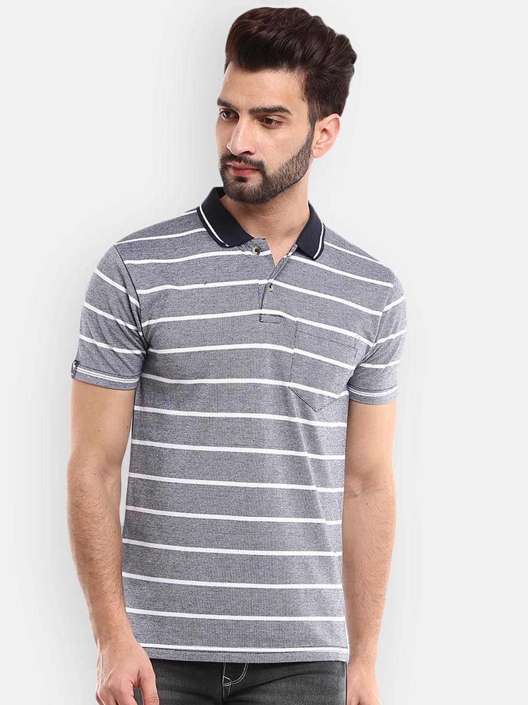 

V-Mart Men Grey Striped Polo Collar T-shirt