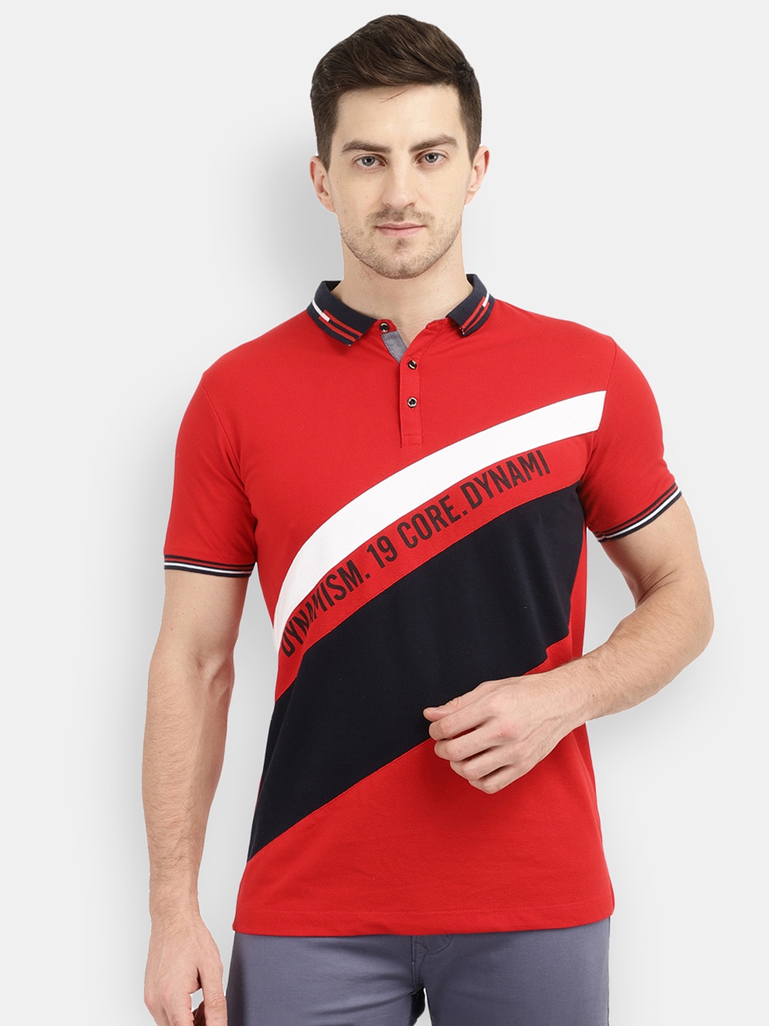 

V-Mart Men Red Colourblocked Polo Collar Slim Fit Cotton T-shirt