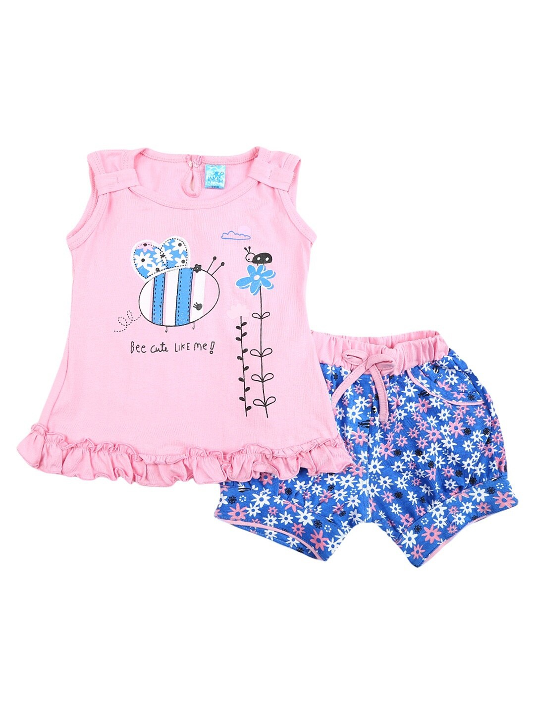 

V-Mart Unisex Kids Pink & Blue Printed T-shirt with Shorts