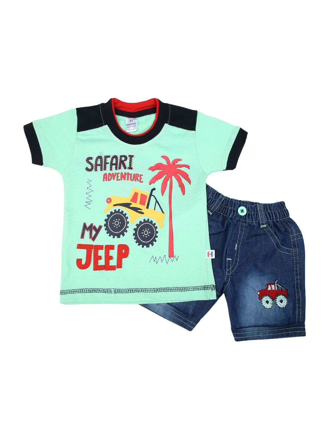 

V-Mart Unisex Kids Printed Pure Cotton T-shirt with Shorts, Green