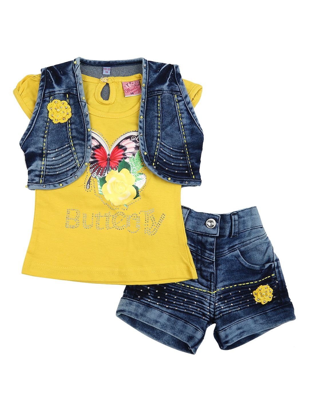 

V-Mart Unisex Kids Yellow & Navy Blue Printed T-shirt with Shorts