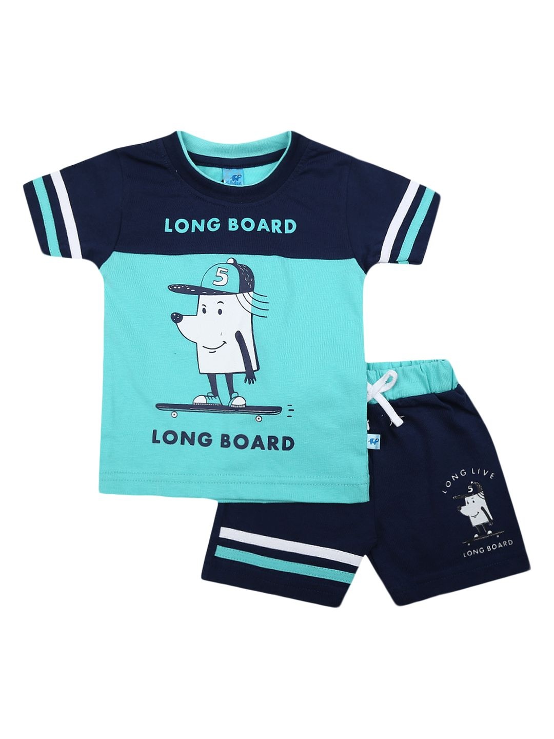 

V-Mart Unisex Kids Navy Blue & Sea Green Printed T-shirt with Shorts