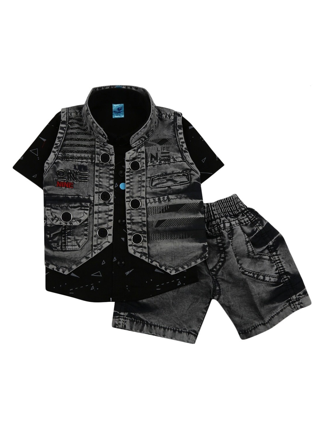 

V-Mart Unisex Kids Black & Grey Printed Pure Cotton T-shirt and Shirt with Shorts