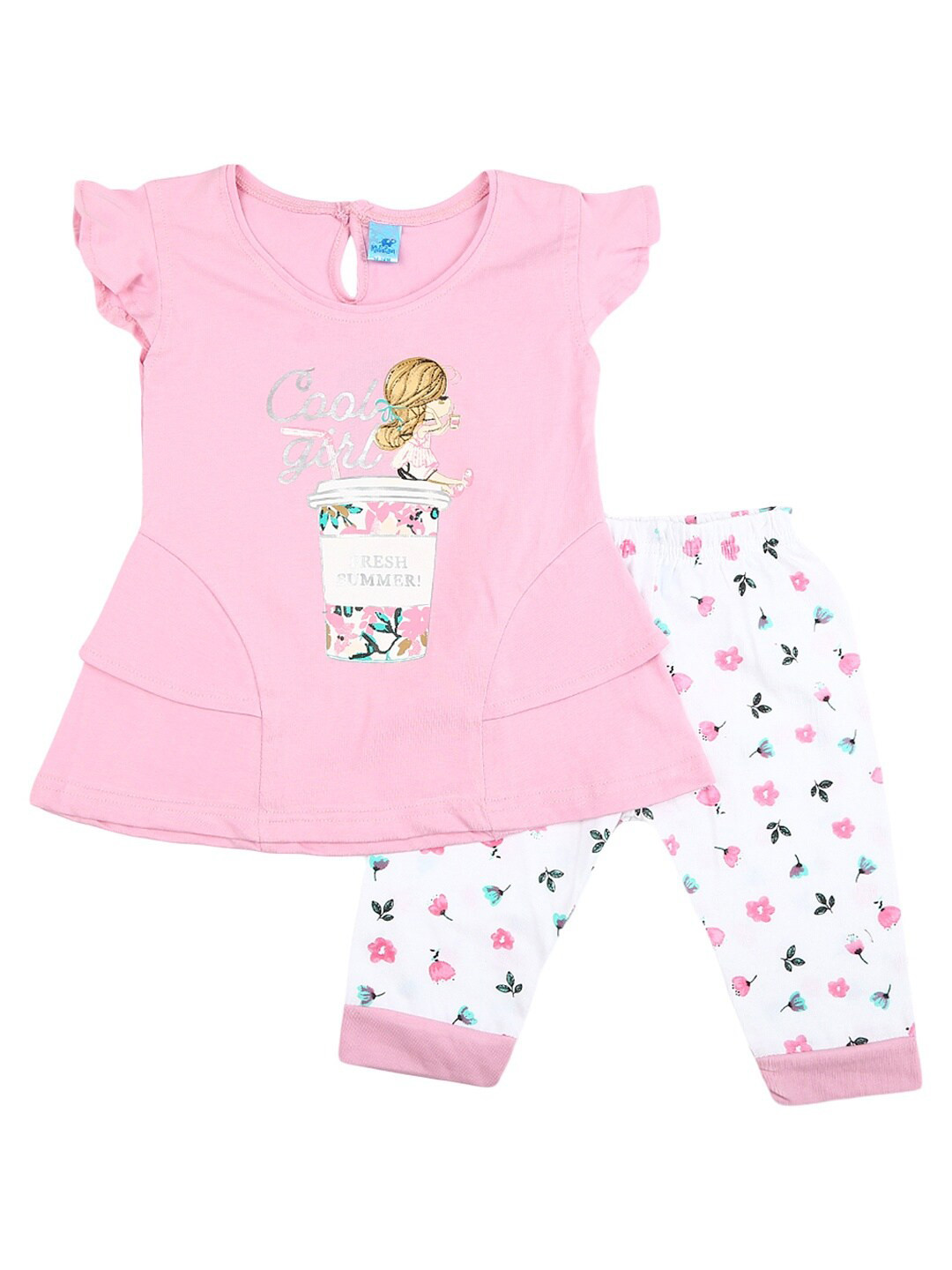 

V-Mart Girls Pink & White Printed Top with Trousers