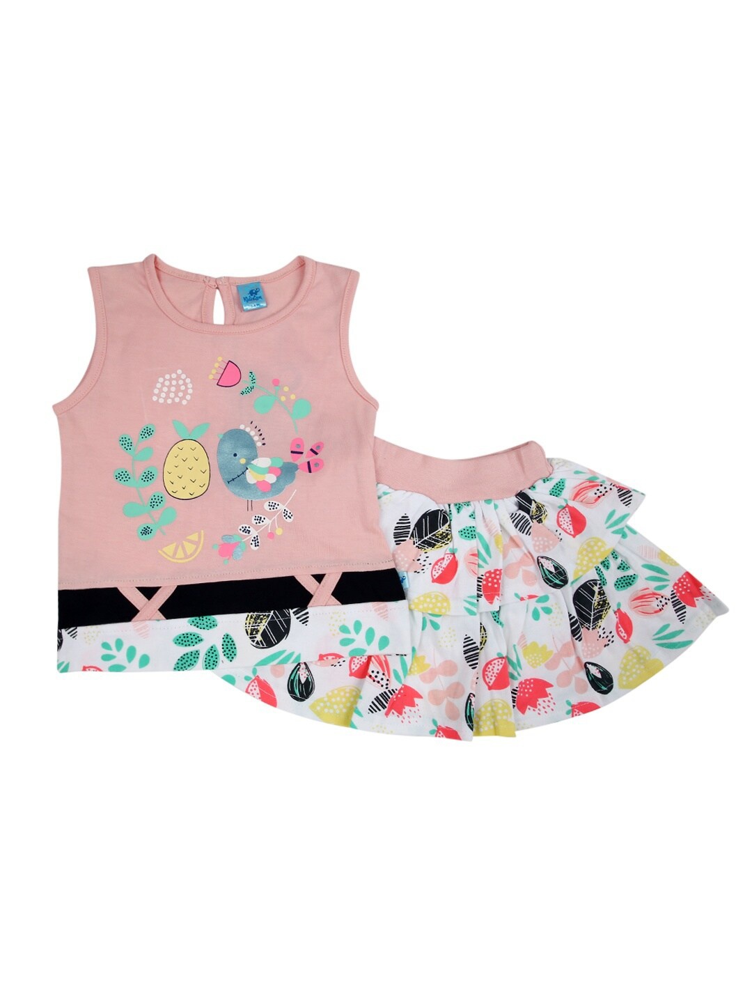 

V-Mart Girls Peach-Coloured & White Printed Pure Cotton T-shirt with Skirt