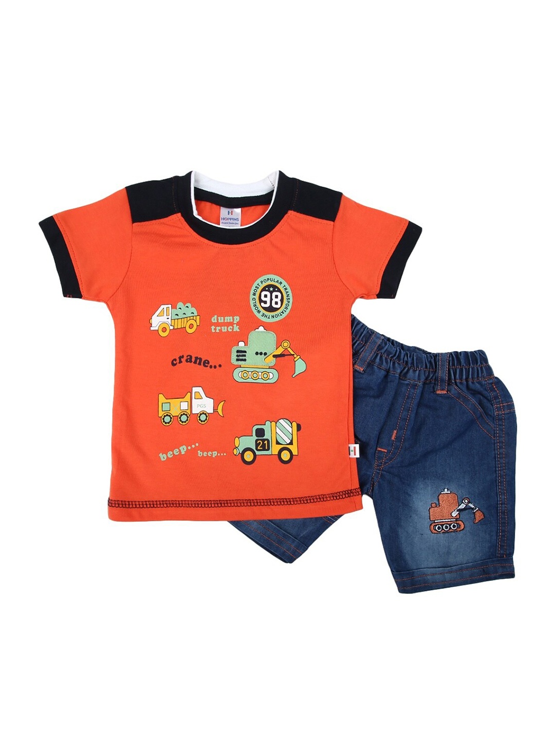

V-Mart Unisex Kids Orange & Navy Blue Printed T-shirt with Shorts