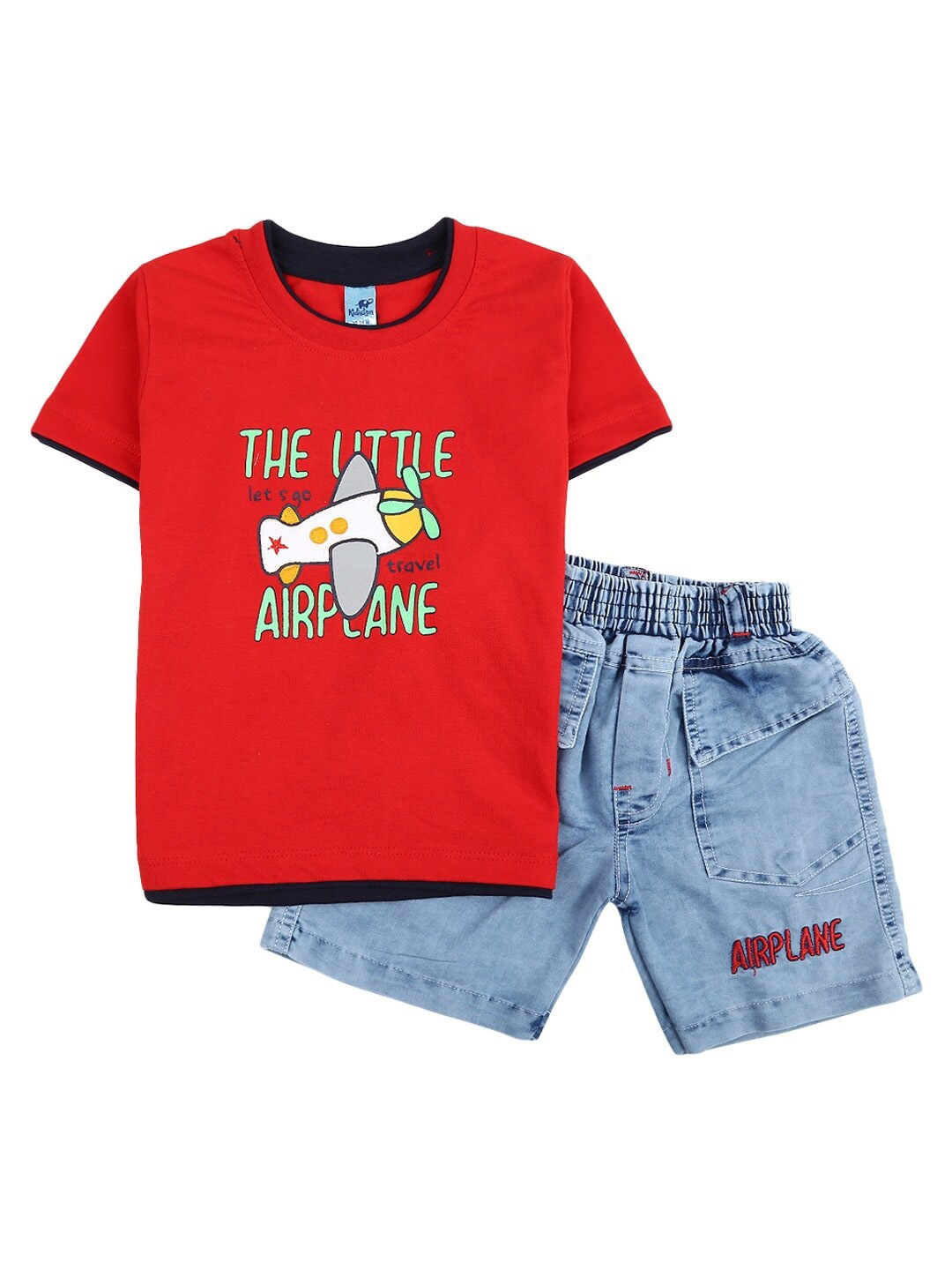 

V-Mart Kids Red & Blue Printed Pure Cotton T-shirt with Shorts