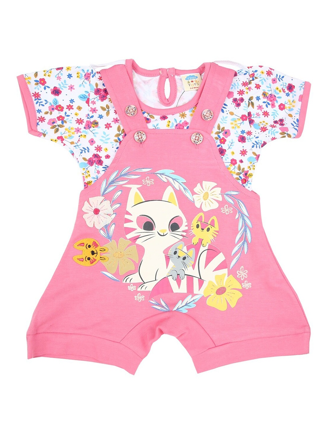 

V-Mart Kids Pink & White Printed Cotton T-shirt with Dungarees