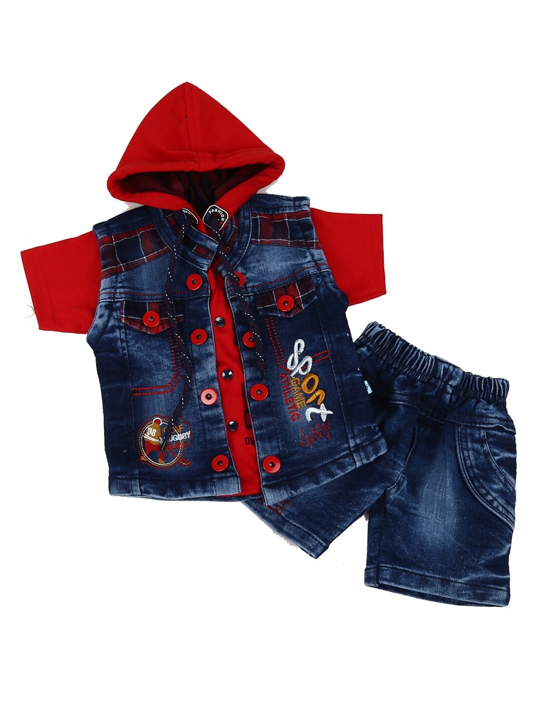 

V-Mart Unisex Kids Red & Blue Printed Woven-Denim T-shirt and Shirt with Shorts