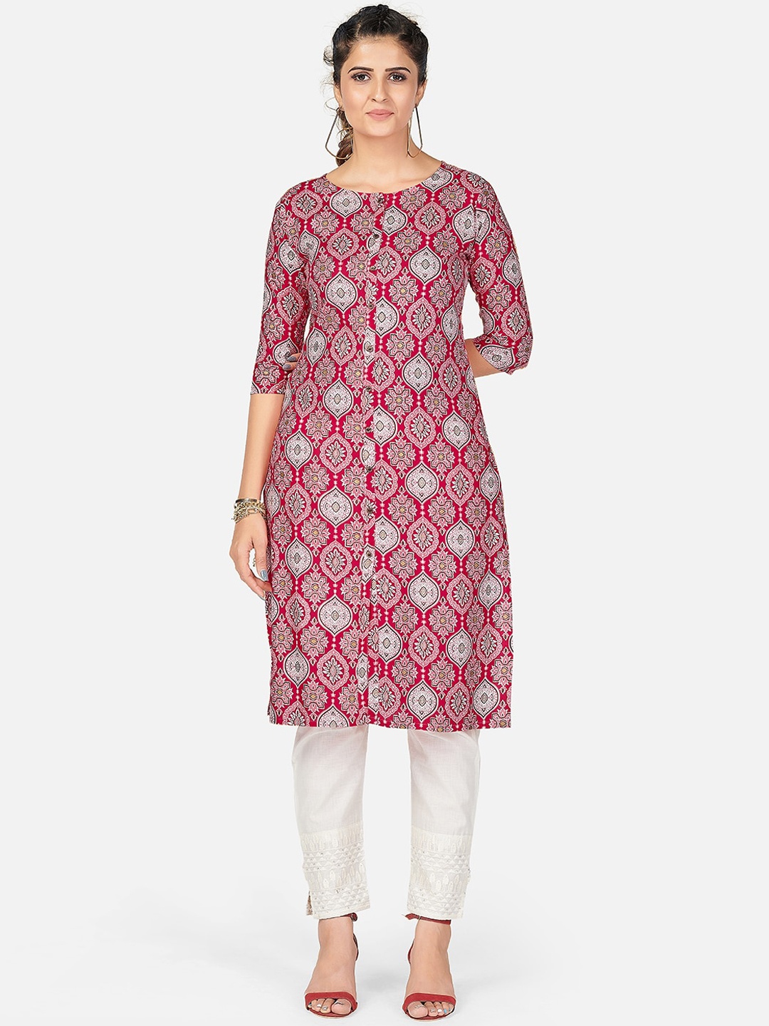 

KALINI Women Pink Geometric Printed Flared Sleeves Thread Work Kurta