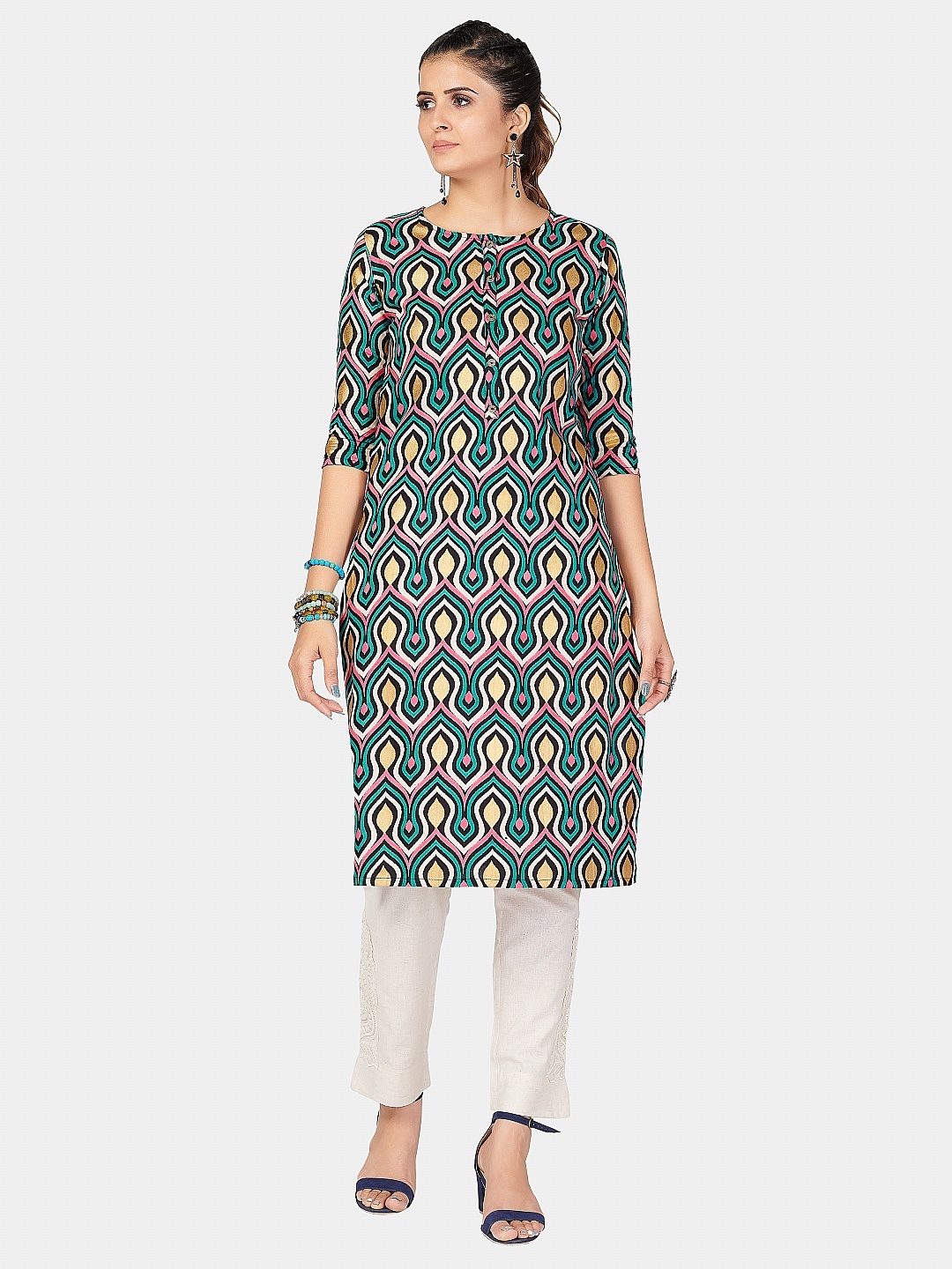 

KALINI Women Blue Geometric Printed Keyhole Neck Cold-Shoulder Sleeves Kurta