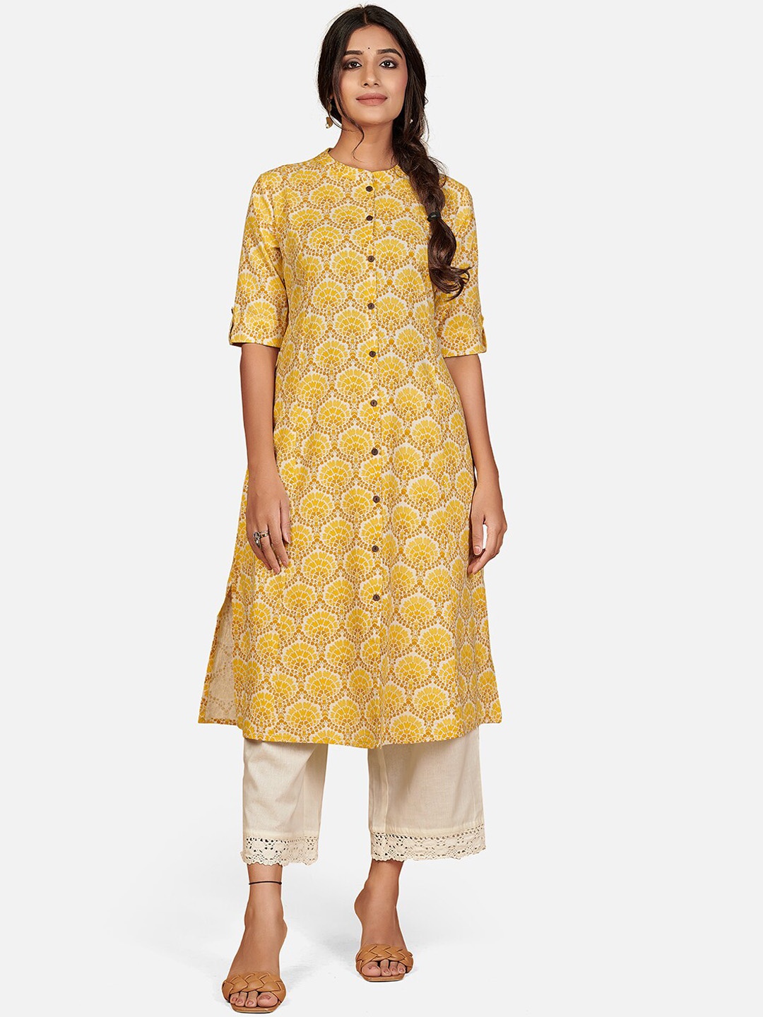 

KALINI Women Yellow Ethnic Motifs Printed Thread Work Kurta