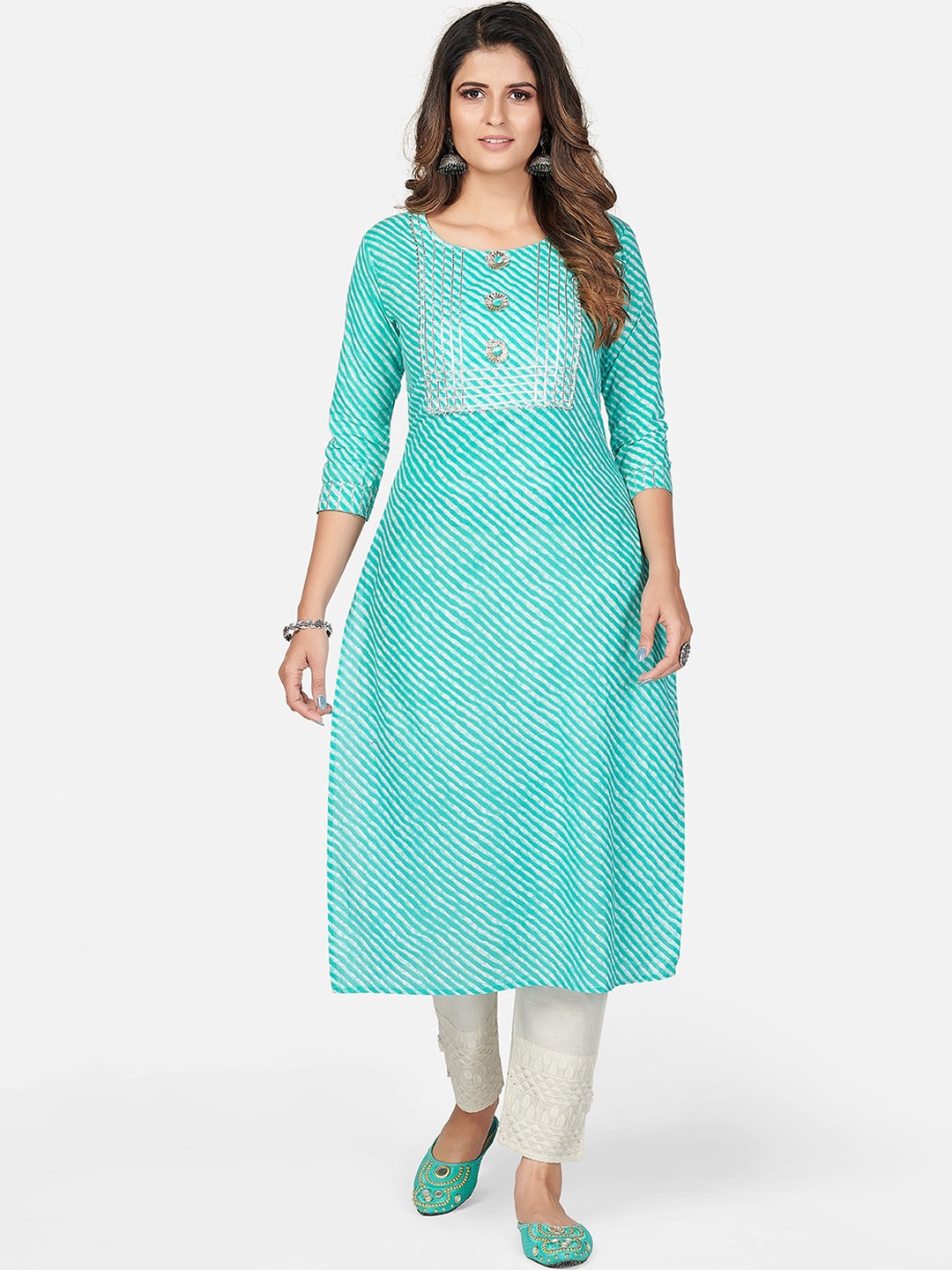 

KALINI Women Blue & White Leheriya Printed Gotta Patti Kurta
