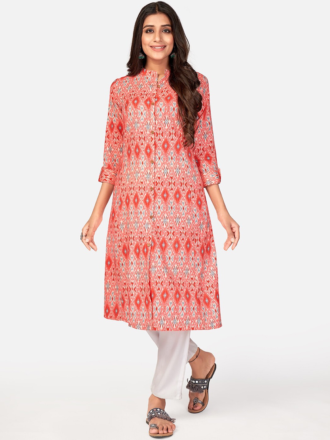 

KALINI Women Coral Ethnic Motifs Printed Patchwork Kurta